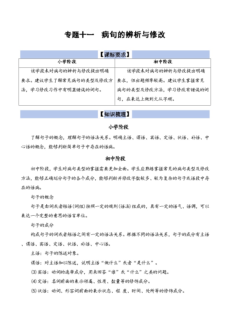 【小升初语文真题】专题11++病句的辨析与修改-2024小升初语文专项复习