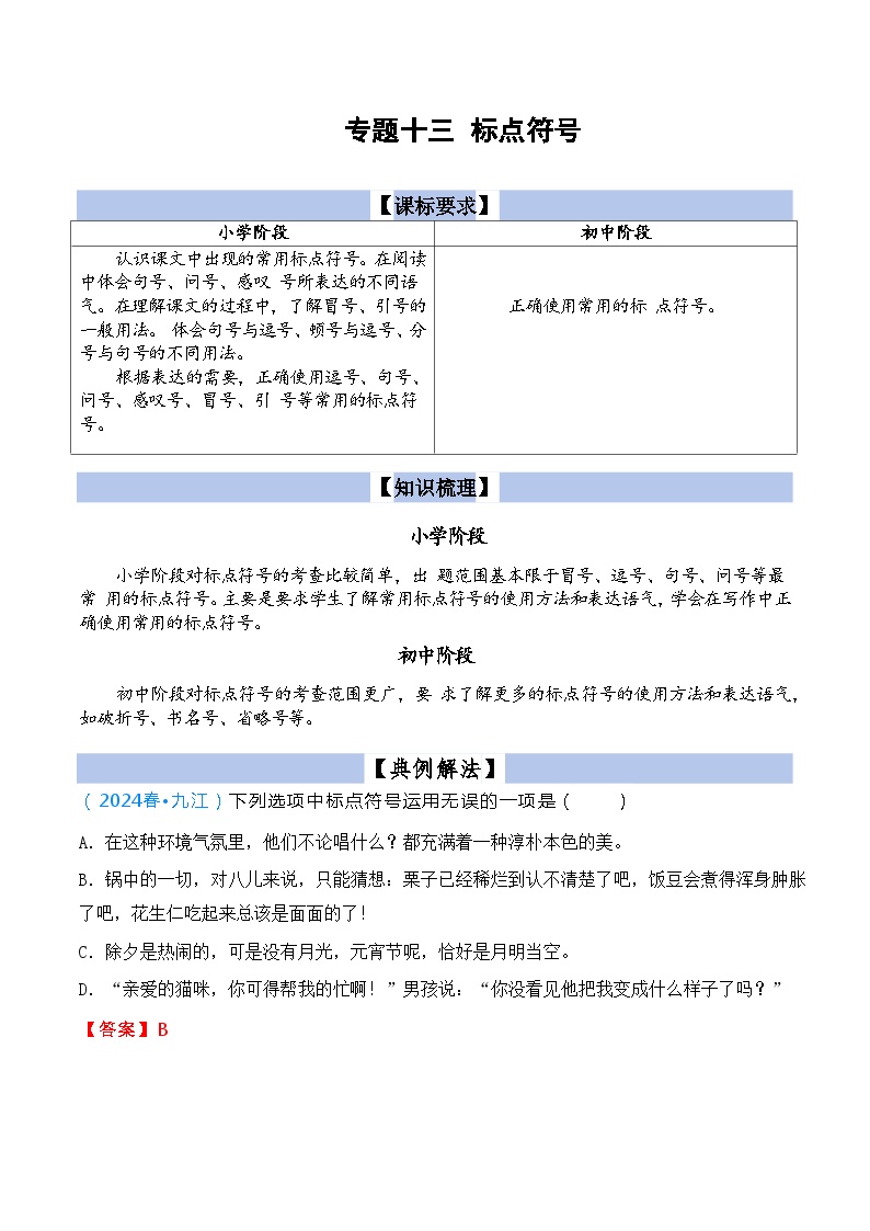 【小升初语文真题】专题13++标点符号-2024小升初语文专项复习