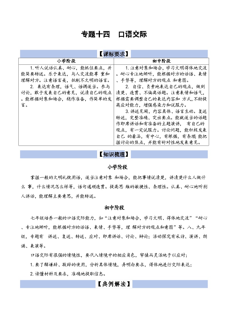 【小升初语文真题】专题14++口语交际-2024小升初语文专项复习