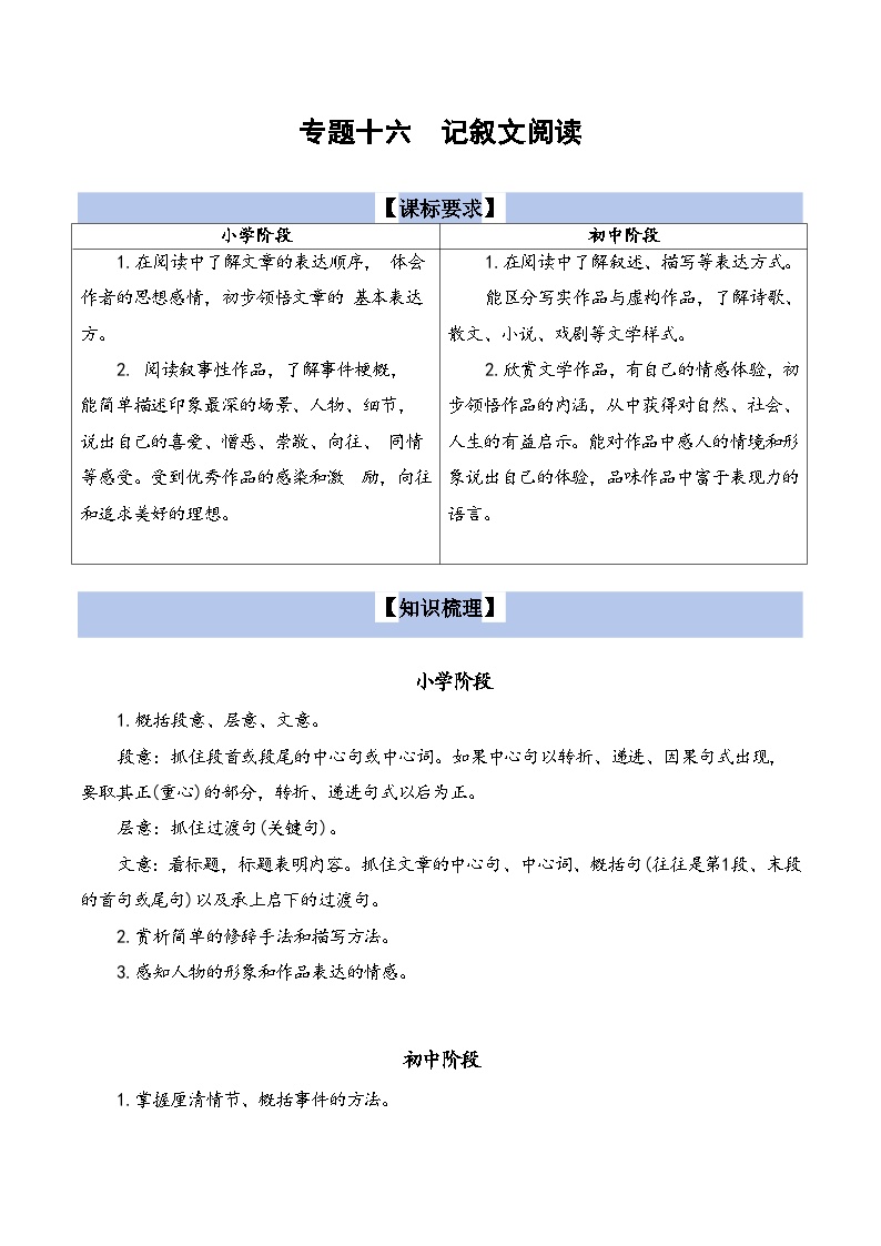 【小升初语文真题】专题16++记叙文阅读-2024小升初语文专项复习