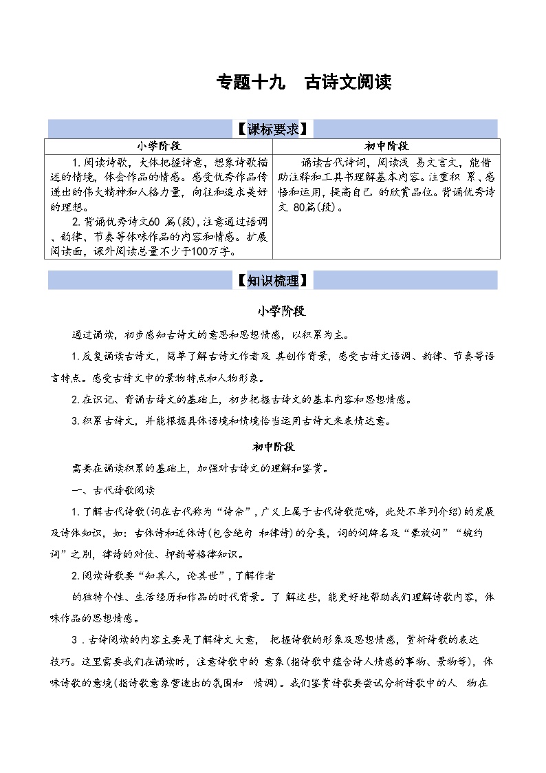 【小升初语文真题】专题19++古诗文阅读-2024小升初语文专项复习